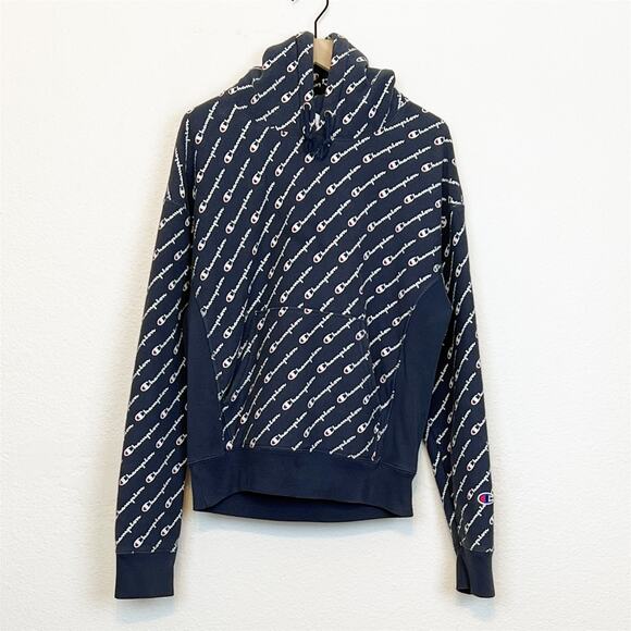 Champion Reverse Weave All Over Print Hoodie Blue White Small - Picture 3 of 12